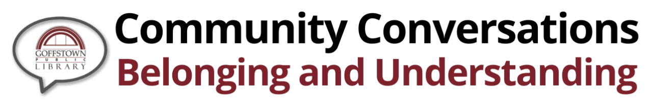 Speech bubble with library logo inside for 2025 Community Conversations Belonging 