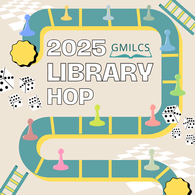 A game board with dice and playing pieces takes participants to participating GMILCS libraries.